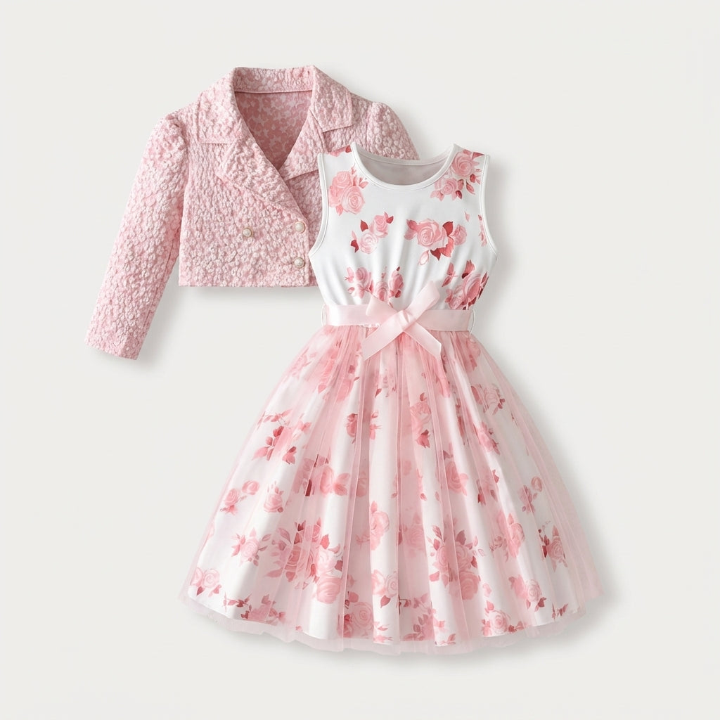 mesh dress with jacket Girls Floral Dress & Jacket Set | Sleeveless Tulle Dress with Long Sleeve  Jacket | Soft Mesh Party Outfit Pink