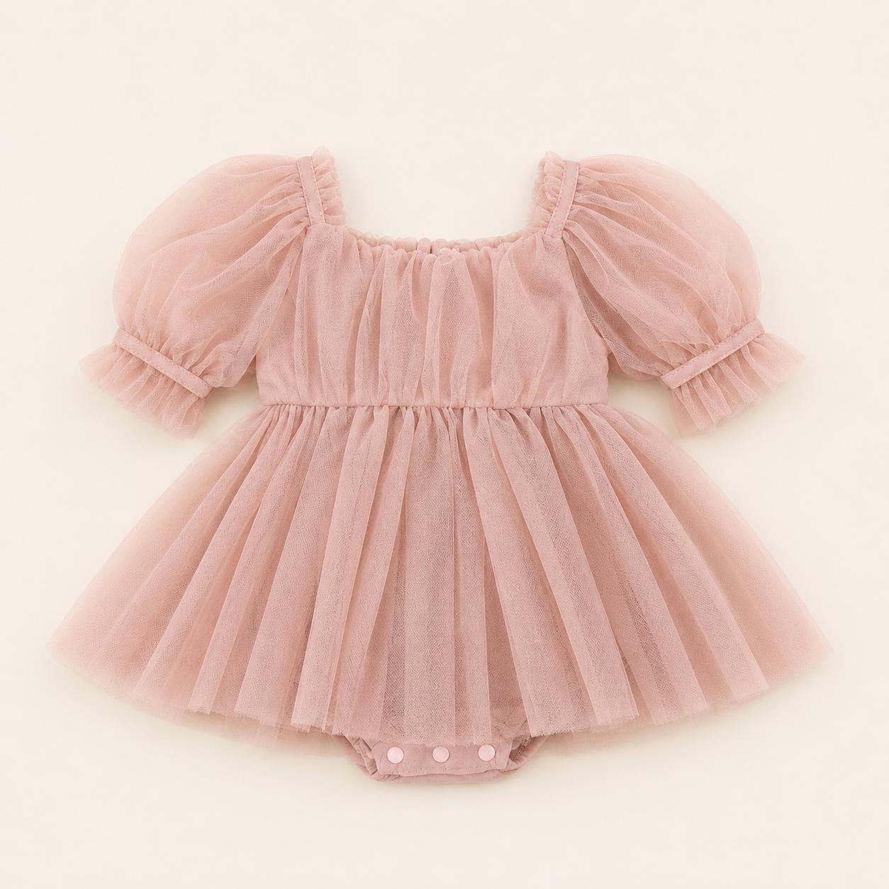Baby Tulle Romper Dress | Blush Puff Sleeve Romper | Girl | Cotton Blend & Soft Tulle | Puff Sleeves & Snap Closure