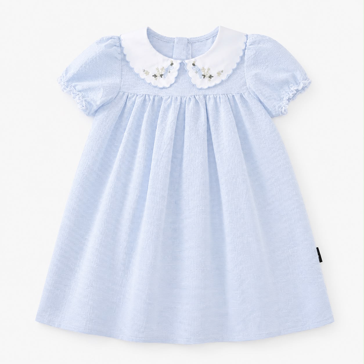 Blue Baby Dress with Peter Pan Collar | Baby Girls | Cotton | Short Puff Sleeves, Embroidered Collar