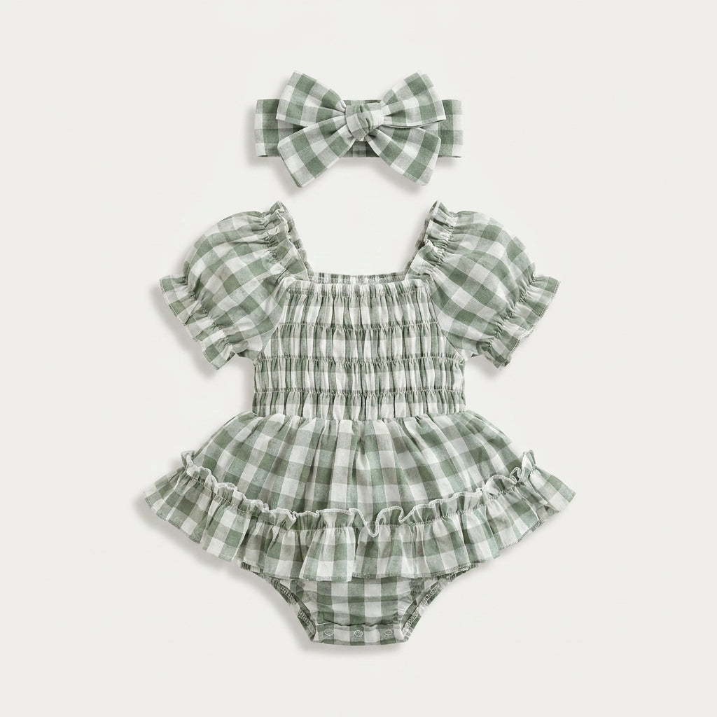 Plaid Baby Romper with Headband