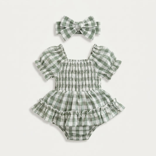 Plaid Baby Romper with Headband