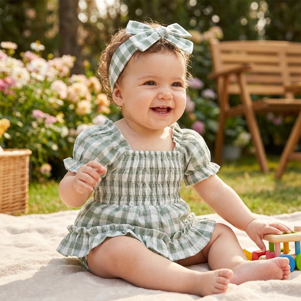 Plaid Baby Romper with Headband