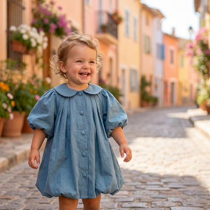 Cotton Puff Sleeve Button Dress