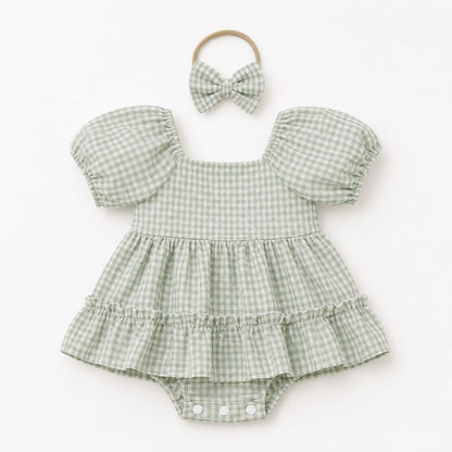 Plaid Baby Romper with Headband