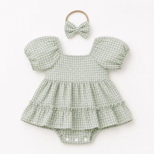 Plaid Baby Romper with Headband