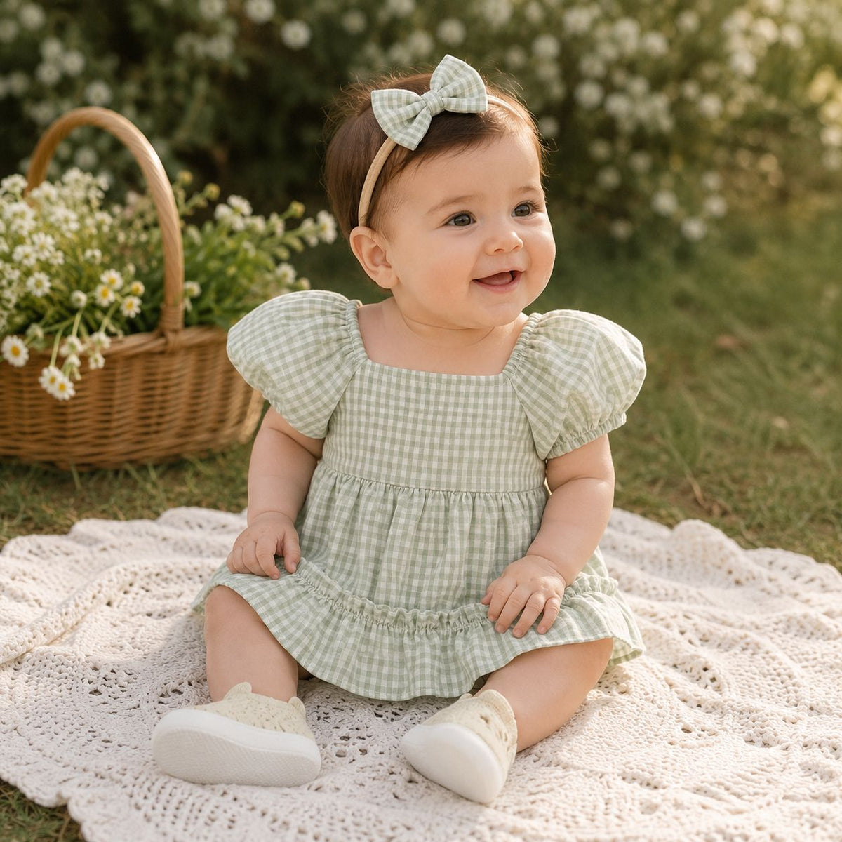 Plaid Baby Romper with Headband