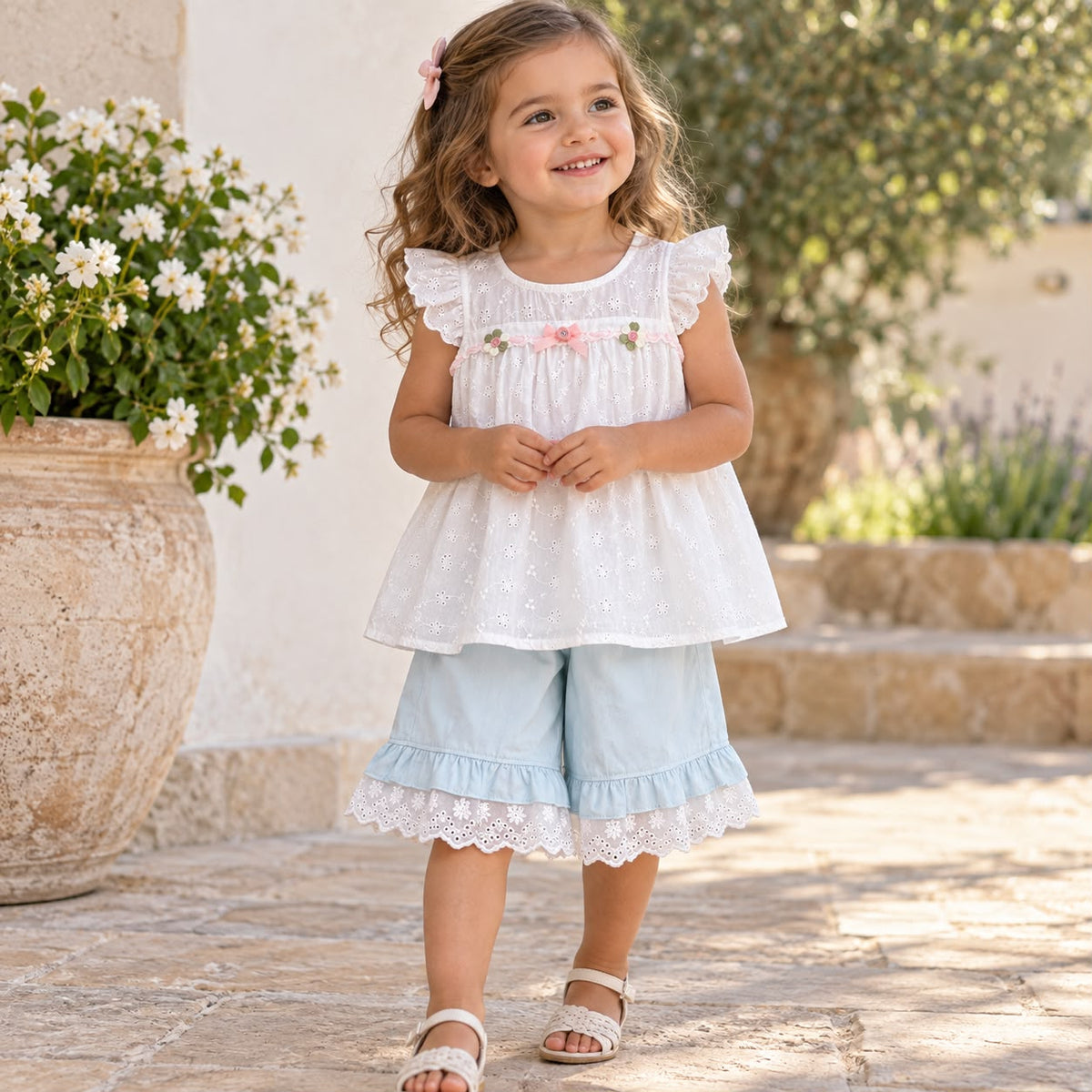 Eyelet Top and Blue Pants Set