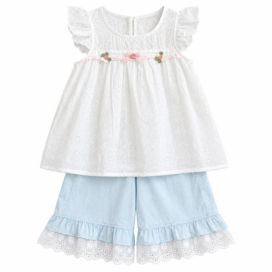 Eyelet Top and Blue Pants Set