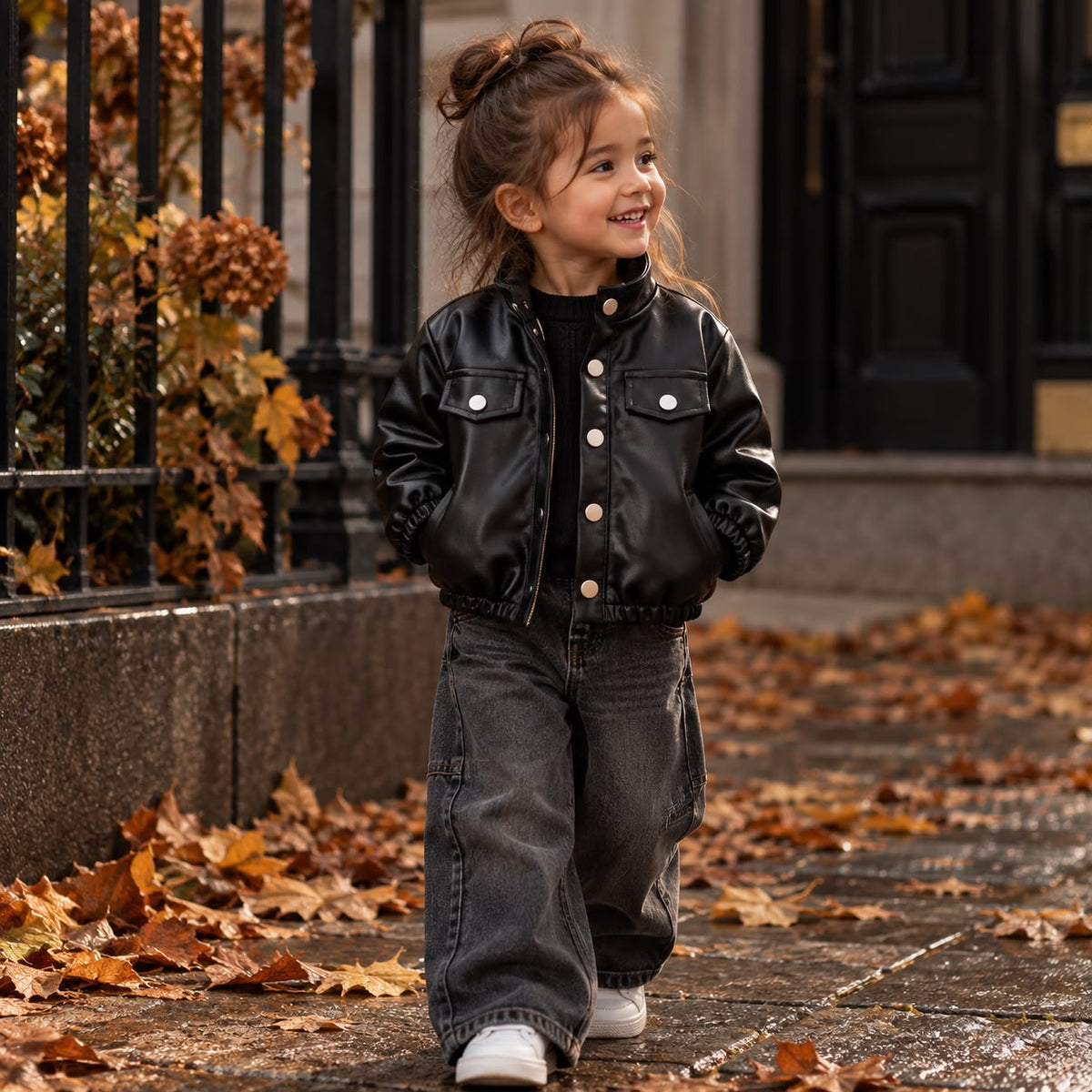 Black Faux Leather Kids Jacket
