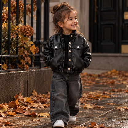Black Faux Leather Kids Jacket