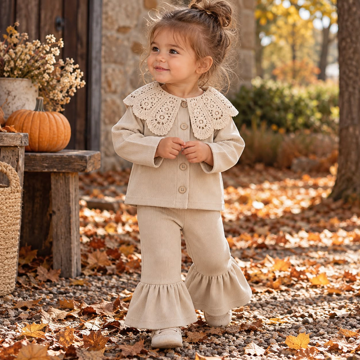 Crochet Collar Flare Pants Set