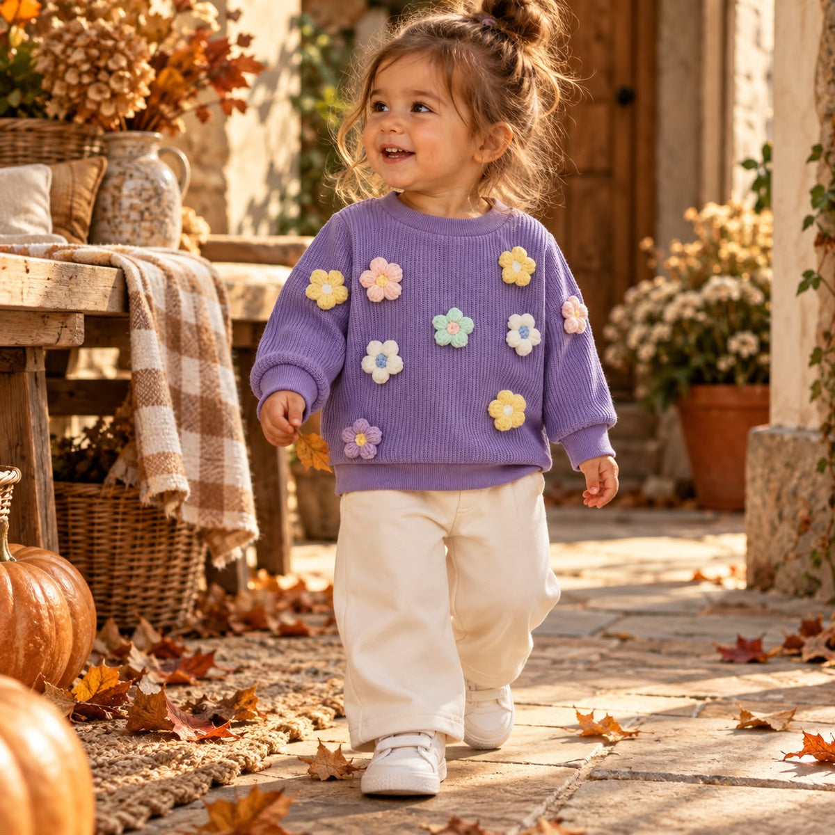 Knit Flower Sweater and Pants Set