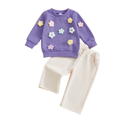 Knit Flower Sweater and Pants Set