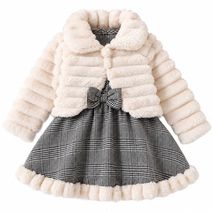 Faux Fur Trim Plaid Dress Set