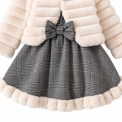 Faux Fur Trim Plaid Dress Set