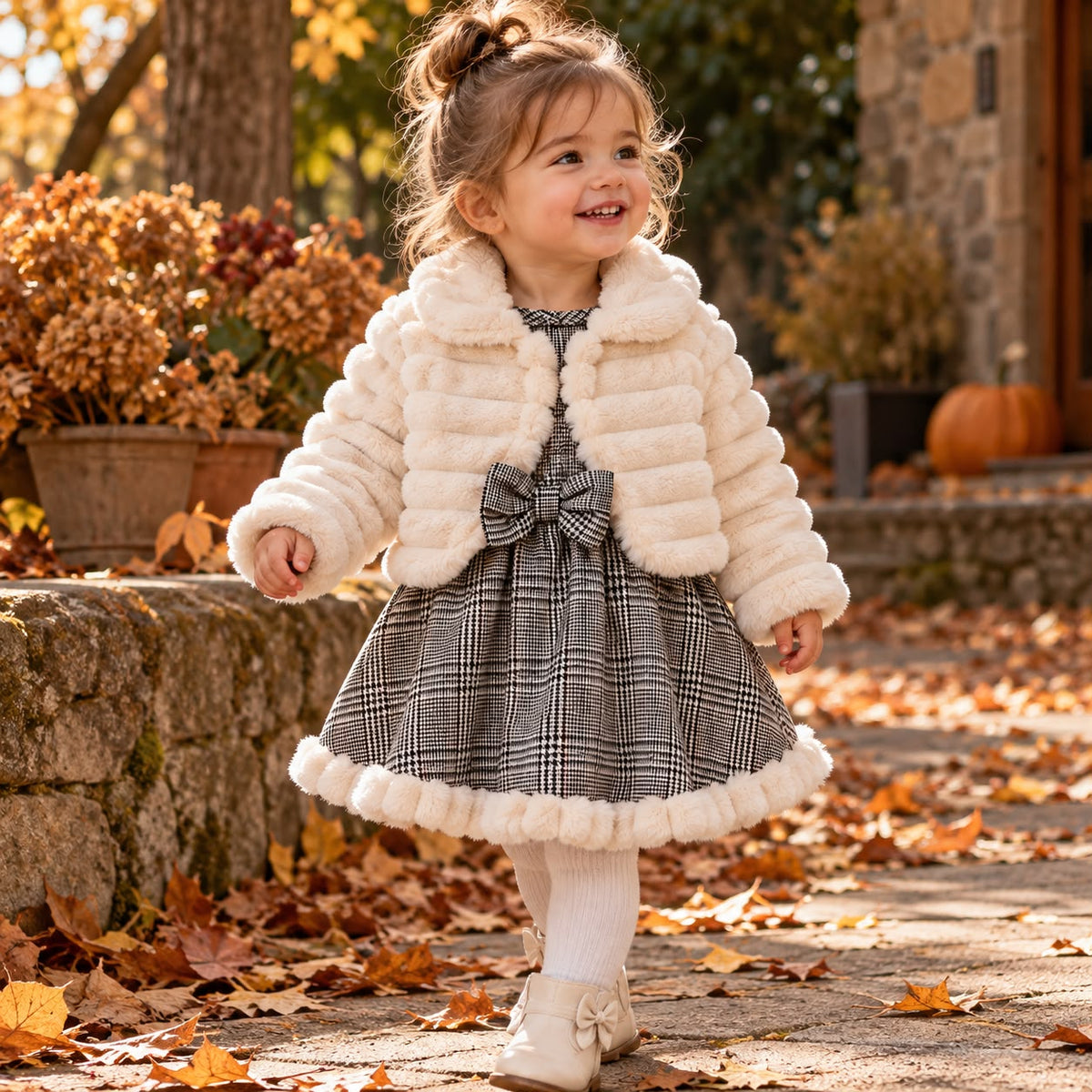 Faux Fur Trim Plaid Dress Set