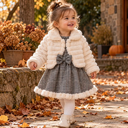 Faux Fur Trim Plaid Dress Set