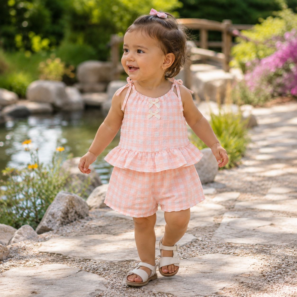 Peach Gingham Shorts Set